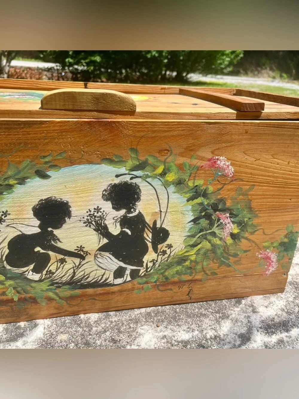 Vintage Handmade Wood Storage Box Folk Art Children Floral Hearts Cottage Whimsy